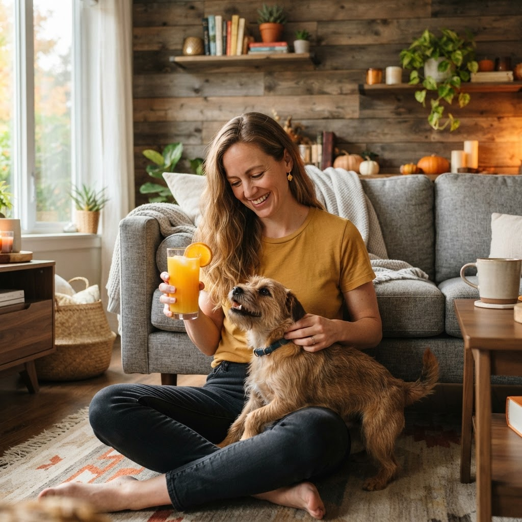 A smiling woman in a yellow shirt relaxing at home with her dog and a glass of fresh orange juice, representing an everyday cold-season immune and hydration routine in Montgomery, AL