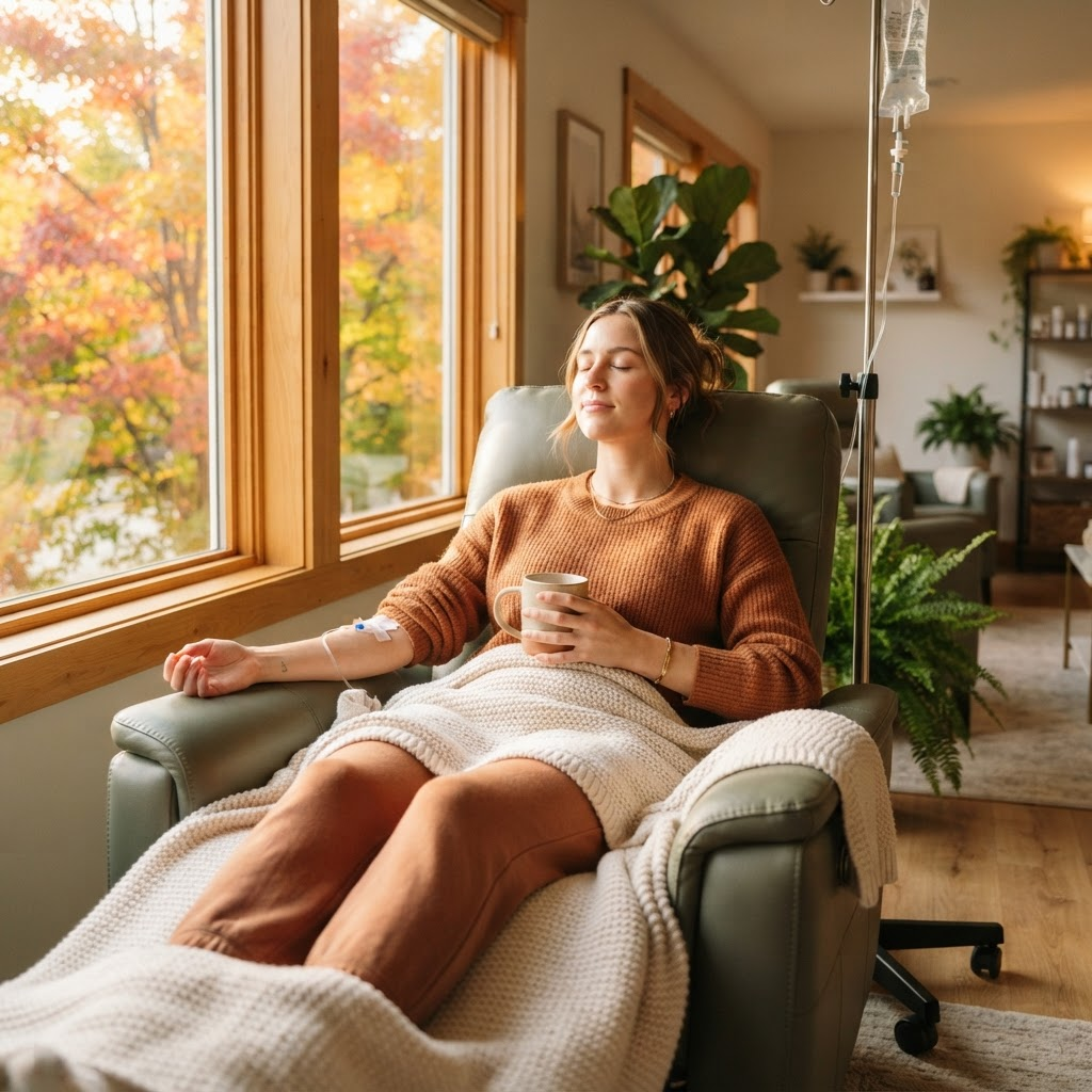 A person relaxing in a massage chair at a bright IV hydration and wellness lounge with warm autumn light through the window, representing intentional fall recovery time